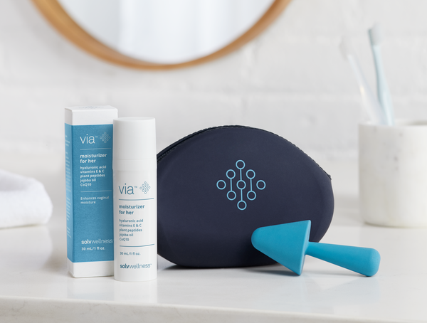 Via™ Starter Kit featuring a 30ml Via bottle, flexible silicone applicator, and smooth-touch pouch for vaginal hydration